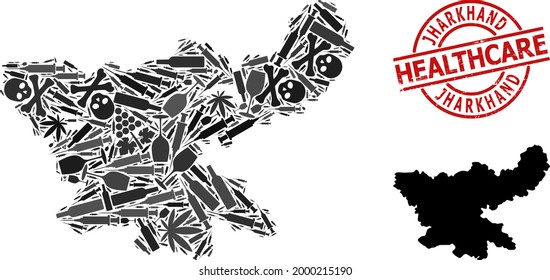 Vector addiction collage map of Jharkhand State. Scratched healthcare round red rubber imitation. Template for narcotic addiction and healthcare posters.