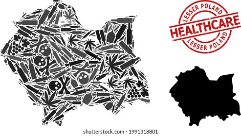 Vector addiction collage map of Lesser Poland Province. Rubber health care round red rubber imitation. Template for narcotic addiction and health care promotion.