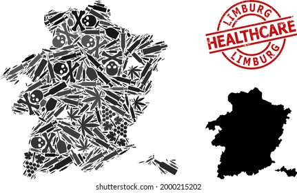 Vector addiction collage map of Limburg Province. Grunge health care round red seal stamp. Template for narcotic addiction and health care promotion.