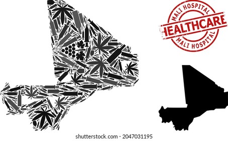 Vector addiction collage map of Mali. Scratched healthcare round red badge. Concept for narcotic addiction and healthcare propaganda. Map of Mali is composed with injection syringes, toxin,