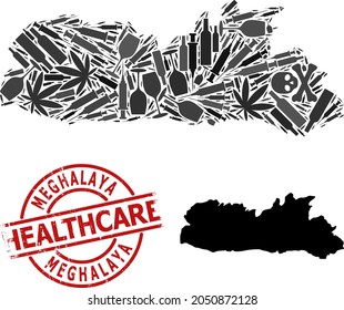 Vektorsuchtkollage Karte des Meghalaya-Staates. Rund um den roten Gummi-Imitat kratzte Gesundheitsversorgung. Vorlage für Suchtstoffe und Gesundheitsdoktrinen.
