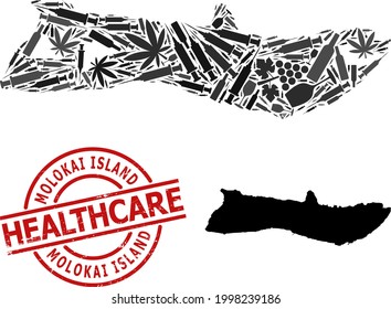 Vector addiction collage map of Molokai Island. Rubber healthcare round red rubber imitation. Template for narcotic addiction and drugs agitation.