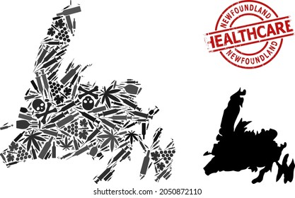 Vector addiction collage map of Newfoundland Island. Scratched health care round red seal. Concept for narcotic addiction and health care promotion.