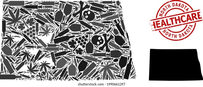 Mapa de collage de adicciones a vectores del estado de Dakota del Norte. Sello rojo de sello de foca. Plantilla para adicción a los narcóticos y afiches de salud.