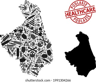 Vector addiction collage map of Podlasie Province. Scratched health care round red imprint. Template for narcotic addiction and medicine doctrines.