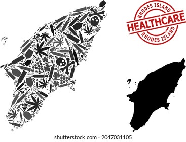 Vector addiction collage map of Rhodes Island. Rubber health care round red seal stamp. Concept for narcotic addiction and health care proclamations.