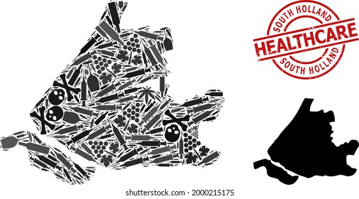 Vector addiction collage map of South Holland. Rubber health care round red seal. Template for narcotic addiction and health care doctrines.