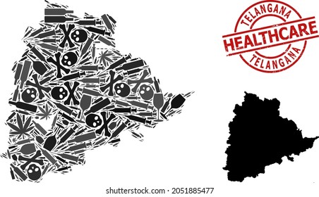 Vector addiction collage map of Telangana State. Grunge health care round red badge. Concept for narcotic addiction and health care agitprop. Map of Telangana State is formed from injection needles,