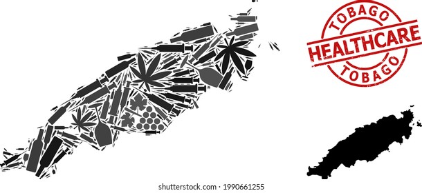 Mapa de collage de adicción al vector de la isla de Tobago. Cuidados de goma con huella roja redonda. Plantilla para las doctrinas de adicción a los narcóticos y de salud. Mapa de la isla de Tobago hecho con agujas de inyección,