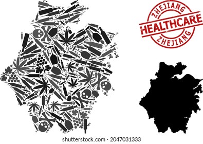 Vector addiction collage map of Zhejiang Province. Rubber health care round red rubber imitation. Concept for narcotic addiction and medicine proclamations.