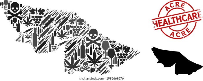 Vector addiction composition map of Acre State. Rubber health care round red rubber imitation. Template for narcotic addiction and drugs promotion.