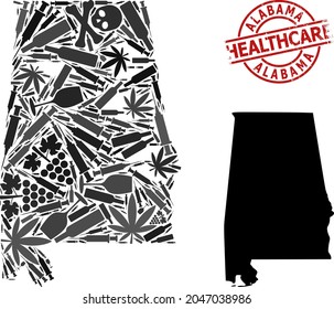 Vector addiction composition map of Alabama State. Rubber health care round red seal stamp. Template for narcotic addiction and health care applications.