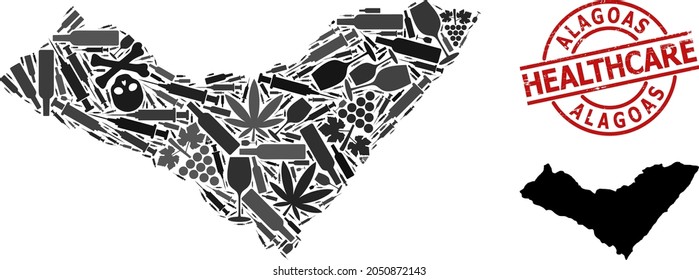 Vector addiction composition map of Alagoas State. Rubber healthcare round red seal stamp. Template for narcotic addiction and healthcare projects.