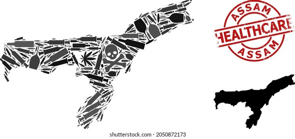 Vector addiction composition map of Assam State. Scratched health care round red imprint. Concept for narcotic addiction and health care applications.