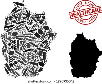 Vector addiction composition map of Azores - Flores Island. Rubber health care round red stamp. Concept for narcotic addiction and health care doctrines.