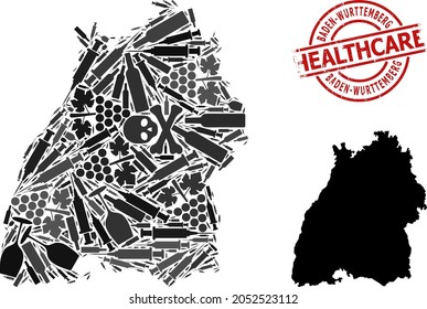 Vector addiction composition map of Baden-Wurttemberg State. Scratched health care round red seal. Concept for narcotic addiction and health care collages.