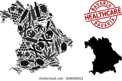 Vector addiction composition map of Bavaria State. Grunge healthcare round red seal. Template for narcotic addiction and healthcare agitprop. Map of Bavaria State is shaped of inoculation syringes,