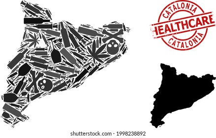 Vector addiction composition map of Catalonia. Rubber healthcare round red rubber imitation. Concept for narcotic addiction and healthcare projects. Map of Catalonia is designed of injection needles,