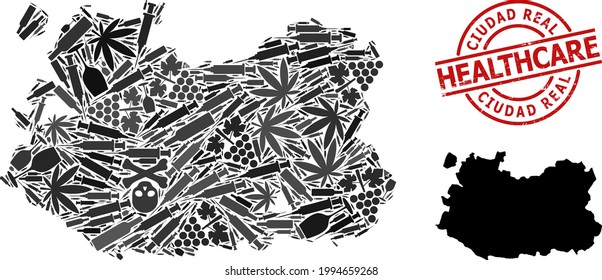 Vector addiction composition map of Ciudad Real Province. Rubber healthcare round red rubber imitation. Concept for narcotic addiction and treatment collages.