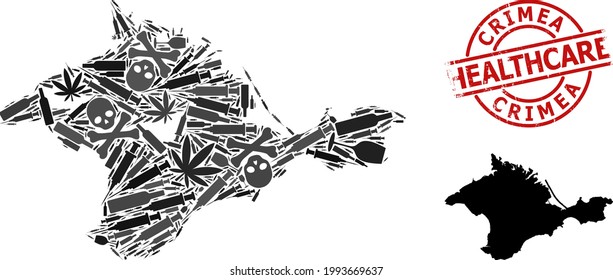 Vector addiction composition map of Crimea. Grunge health care round red seal stamp. Template for narcotic addiction and health care promotion. Map of Crimea is created of injection syringes, skull,