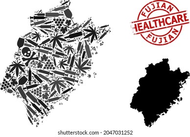 Vector addiction composition map of Fujian Province. Rubber health care round red watermark. Template for narcotic addiction and health care proclamations.