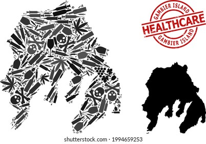 Vector addiction composition map of Gambier Island. Grunge healthcare round red watermark. Concept for narcotic addiction and healthcare purposes. Map of Gambier Island is made with injection needles,