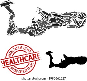 Vector addiction composition map of Grand Cayman Island. Rubber healthcare round red rubber imitation. Template for narcotic addiction and medical proclamations.