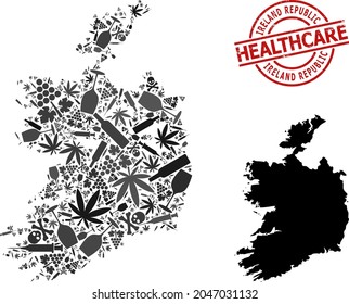 Vector addiction composition map of Ireland Republic. Scratched healthcare round red imprint. Concept for narcotic addiction and medicine applications.