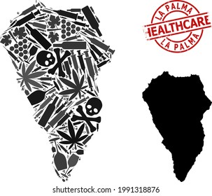 Vector addiction composition map of La Palma Island. Rubber health care round red badge. Template for narcotic addiction and medicine applications.
