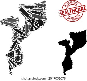 Vector addiction composition map of Mozambique. Rubber health care round red badge. Concept for narcotic addiction and health care promotion. Map of Mozambique is organized from inoculation needles,