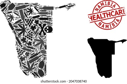 Vector addiction composition map of Namibia. Grunge healthcare round red badge. Template for narcotic addiction and medicine agitprop. Map of Namibia is organized with inoculation syringes, poison,