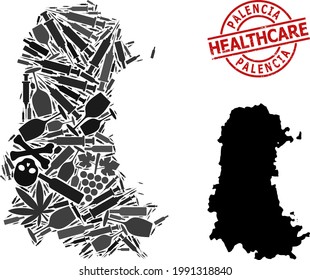 Vector addiction composition map of Palencia Province. Rubber health care round red imprint. Concept for narcotic addiction and health care purposes.