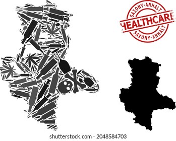 Vector addiction composition map of Saxony-Anhalt State. Grunge healthcare round red badge. Concept for narcotic addiction and medicine posters.