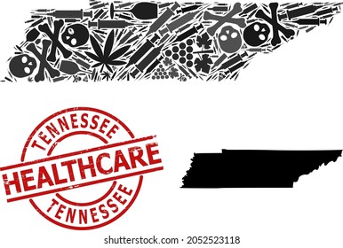 Mapa de composición de adicción a vectores del estado de Tennessee. Atención de salud de goma alrededor de la imitación de goma roja. Concepto de adicción a los narcóticos y carteles de tratamiento.