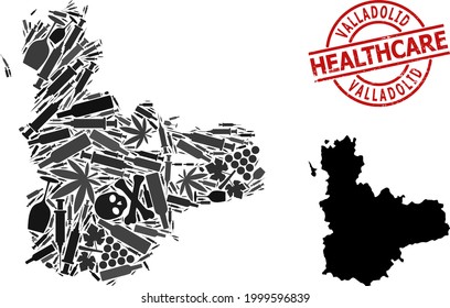 Vector addiction composition map of Valladolid Province. Grunge health care round red badge. Template for narcotic addiction and health care promotion.