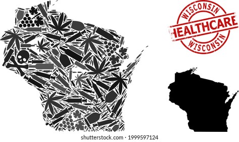 Vector addiction composition map of Wisconsin State. Grunge healthcare round red watermark. Concept for narcotic addiction and safety propaganda.