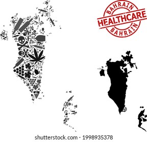 Mapa de mosaico de adicción al vector de Bahréin. Atención de salud escrachada alrededor de la marca de agua roja. Plantilla para proyectos de drogadicción y atención de la salud. Mapa de Bahréin construido con agujas de inoculación,