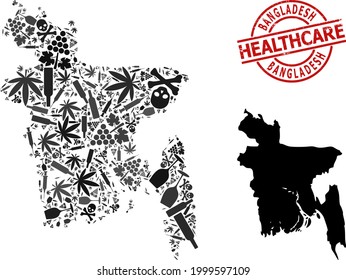 Vector addiction mosaic map of Bangladesh. Scratched healthcare round red watermark. Concept for narcotic addiction and healthcare agitation. Map of Bangladesh is constructed of inoculation needles,