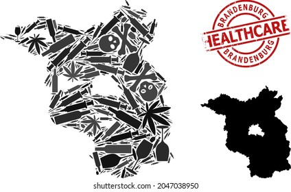 Vector addiction mosaic map of Brandenburg State. Rubber healthcare round red rubber imitation. Template for narcotic addiction and healthcare promotion.