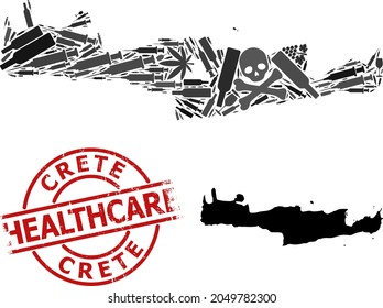 Mapa de mosaicos de adicción al vector de la isla Creta. Grunge la insignia roja. Concepto de adicción a los narcóticos y aplicaciones de atención de la salud. Mapa de la isla Creta hecho de jeringas de inoculación,
