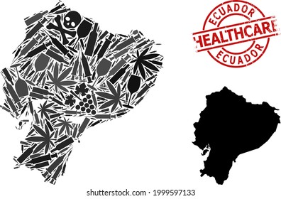 Vektor Sucht Mosaik Karte von Ecuador. Gesundheitsfürsorge aus Gummi um rotes Abzeichen. Konzept für Suchtstoffe und Medizin-Propaganda. Karte von Ecuador wird aus Injektionsspritzen, Schädel,