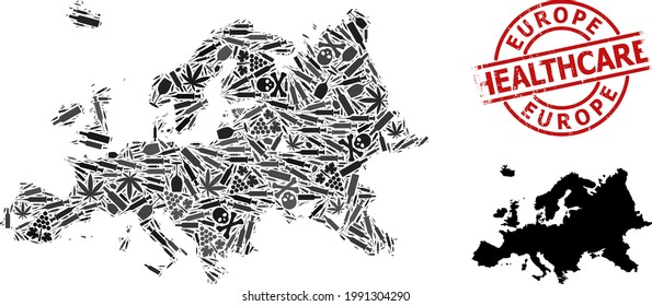 Vector addiction mosaic map of Europe. Grunge health care round red stamp. Template for narcotic addiction and medical posters. Map of Europe is created of inoculation syringes, toxic, dope, cannabis,