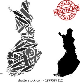 Vector addiction mosaic map of Finland. Scratched health care round red seal. Template for narcotic addiction and health care proclamations. Map of Finland is shaped with injection syringes, mortal,