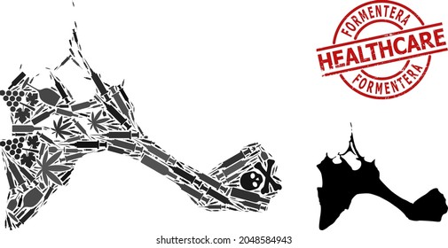 Vector addiction mosaic map of Formentera Island. Rubber health care round red rubber imitation. Concept for narcotic addiction and health care applications.
