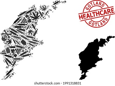 Vector addiction mosaic map of Gotland Island. Rubber health care round red badge. Template for narcotic addiction and health care proclamations.