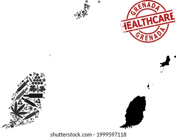 Mapa de mosaicos de adicción a vectores de las Islas Granada. Grunge la marca de agua roja. Plantilla para drogadicción y atención de la salud.