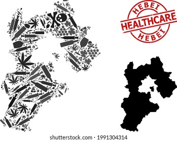 Vector addiction mosaic map of Hebei Province. Grunge health care round red seal. Template for narcotic addiction and health care posters. Map of Hebei Province is done of injection syringes, death,