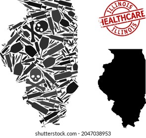 Vector addiction mosaic map of Illinois State. Scratched healthcare round red seal stamp. Concept for narcotic addiction and healthcare doctrines.