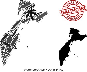 Mapa de mosaicos de adicción al vector de la península de Kamchatka. La sanidad escrachada rodea la imitación de caucho rojo. Concepto de adicción a los narcóticos y de atención de la salud.