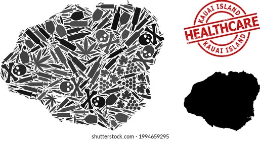 Mapa de mosaicos de adicción al vector de la isla de Kauai. Medicina de caucho alrededor de la imitación de caucho rojo. Concepto de adicción a los narcóticos y agitación médica.